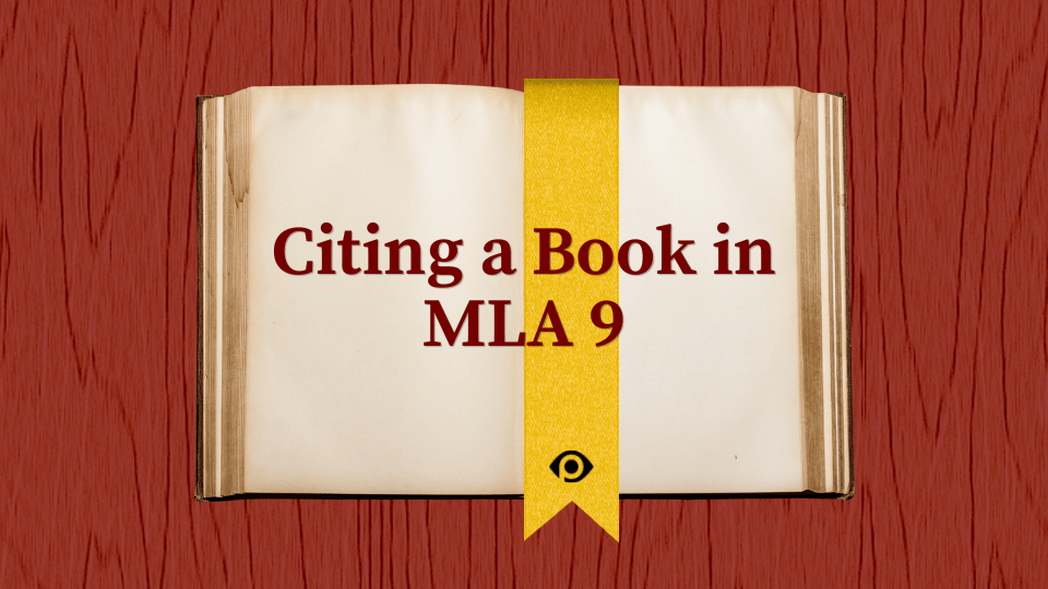 Open book with a gold ribbon bookmark on a red wood-grain background, with the text “Citing a Book in MLA 9”